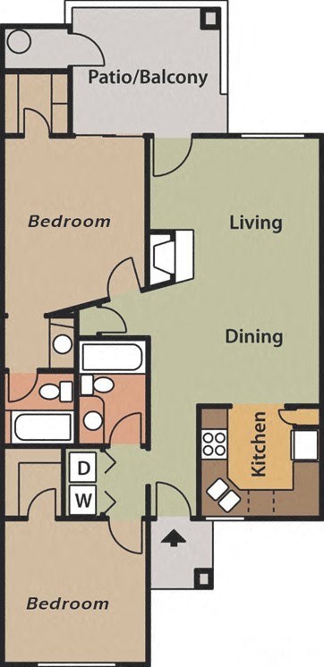 Floor plan for 2 beds, 2 baths, 943 sqft